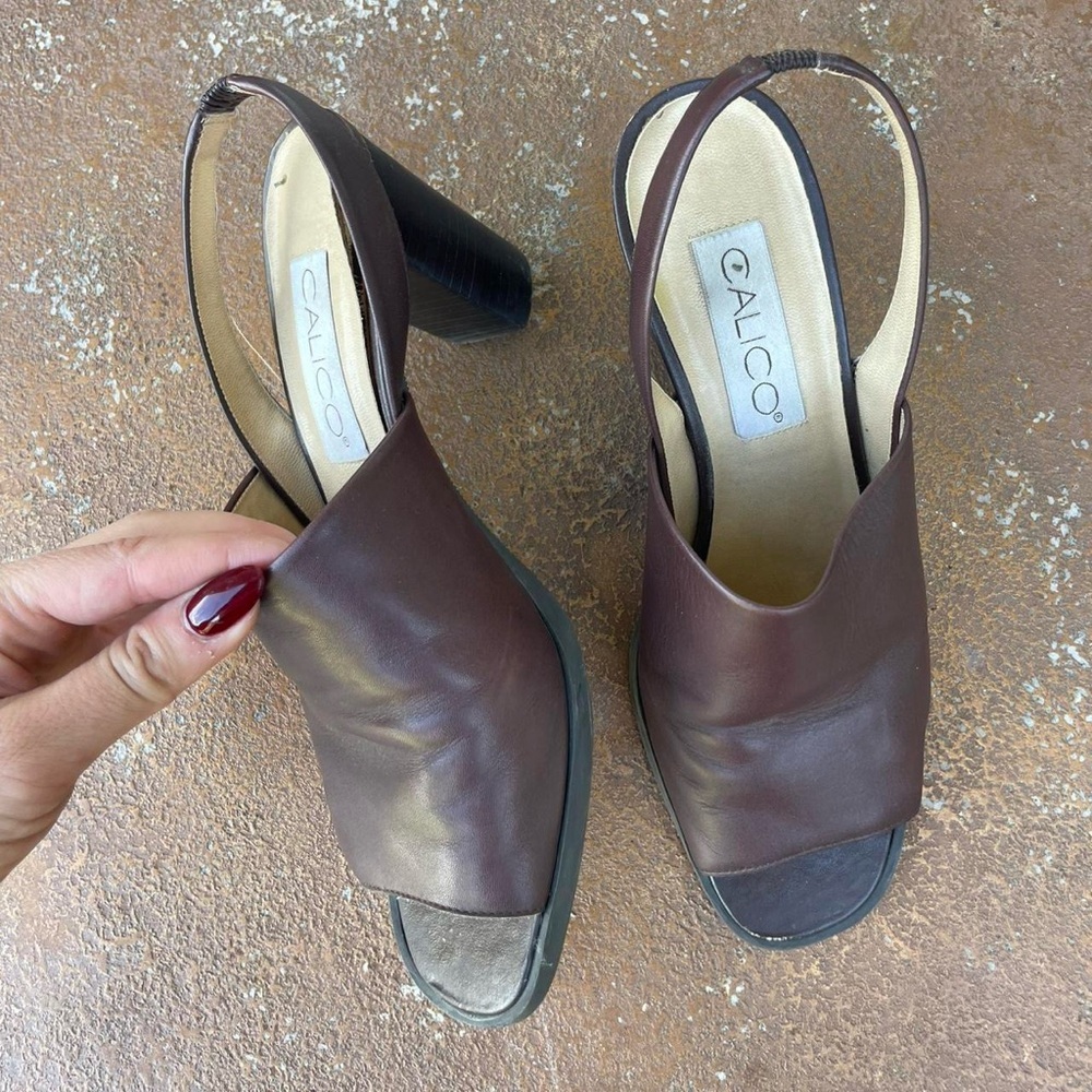 Vintage 90s retro calico Brown leather block heel mule sandals sz 7.5